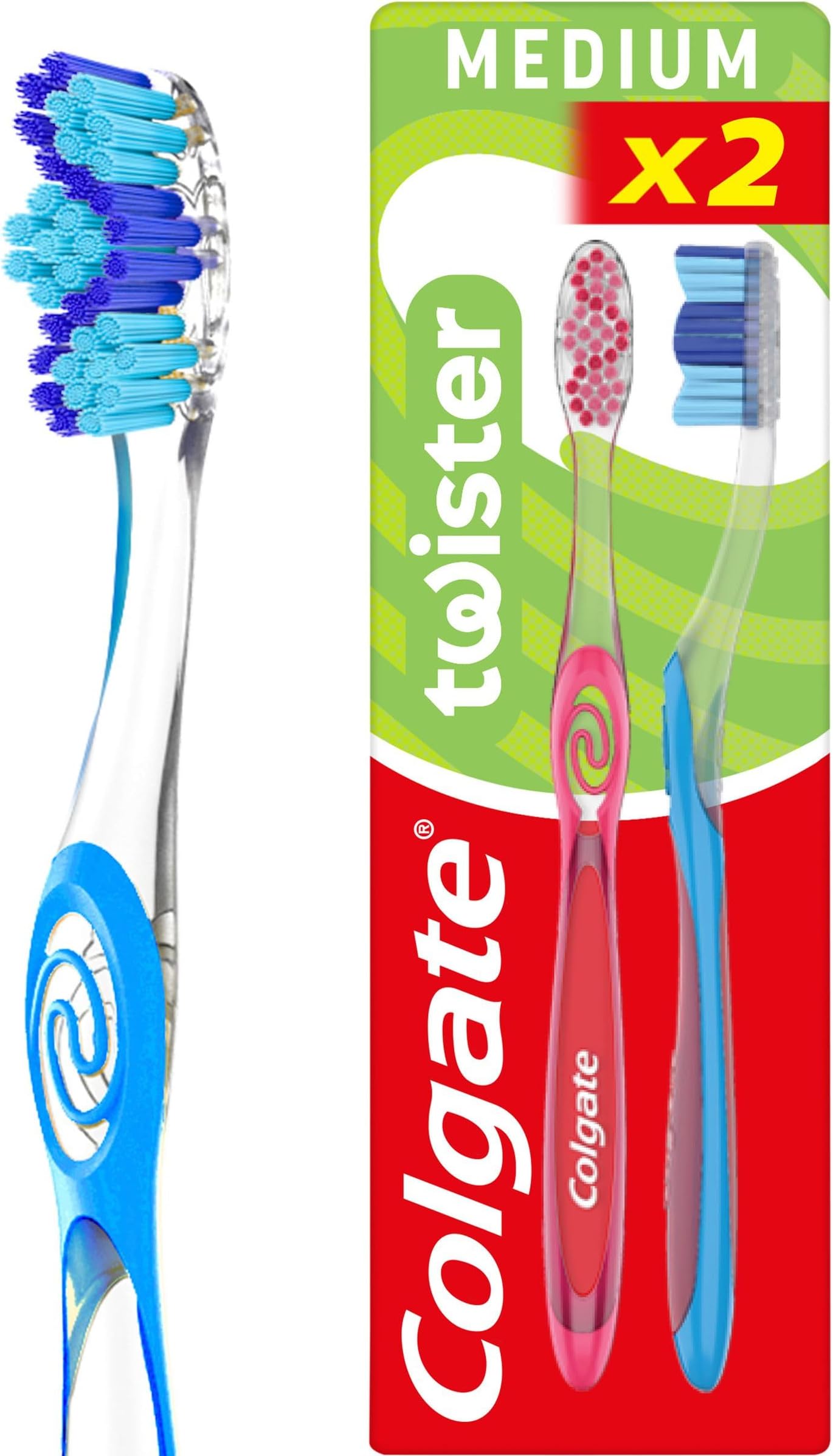 Colgate Twister Fresh Medium Manual Toothbrush 2pk, multidimensional Cleaning, removes Odour-Causing Bacteria, Cleans in Between Teeth and Along the gumline, Cleans deep for Fresher Breath.