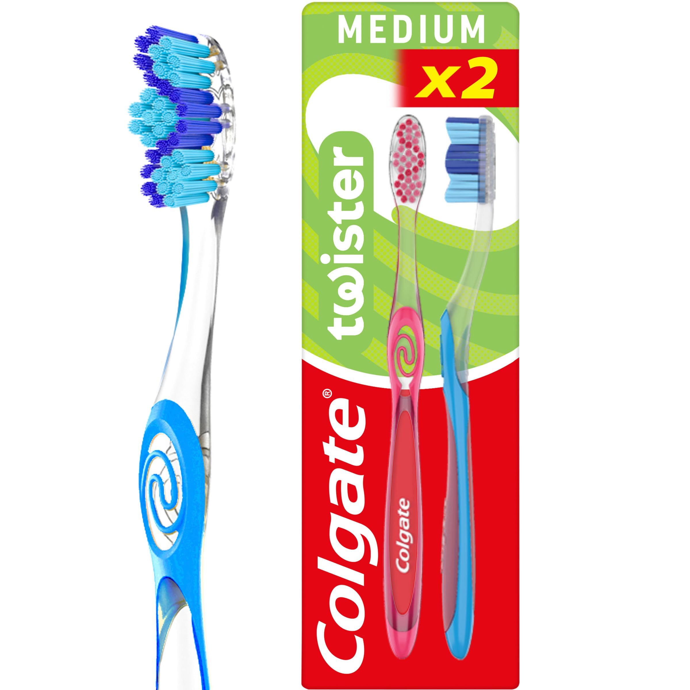 Colgate Twister Fresh Medium Manual Toothbrush 2pk, multidimensional Cleaning, removes Odour-Causing Bacteria, Cleans in Between Teeth and Along The gumline, Cleans deep for Fresher Breath.