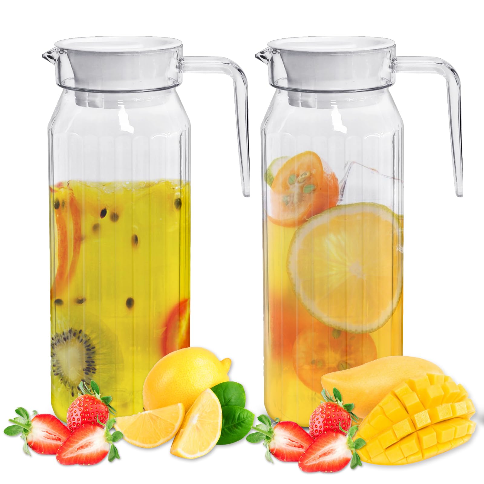 Beicey 2 Pack 1.1L Water Jug with Lid, Plastic Pitcher Jug for Fridge, Transparent Striped Water Jug Juice Jug, Fridge Door Jug with Lid & Handle, Jug with Lid for Water Juice Milk Iced Tea