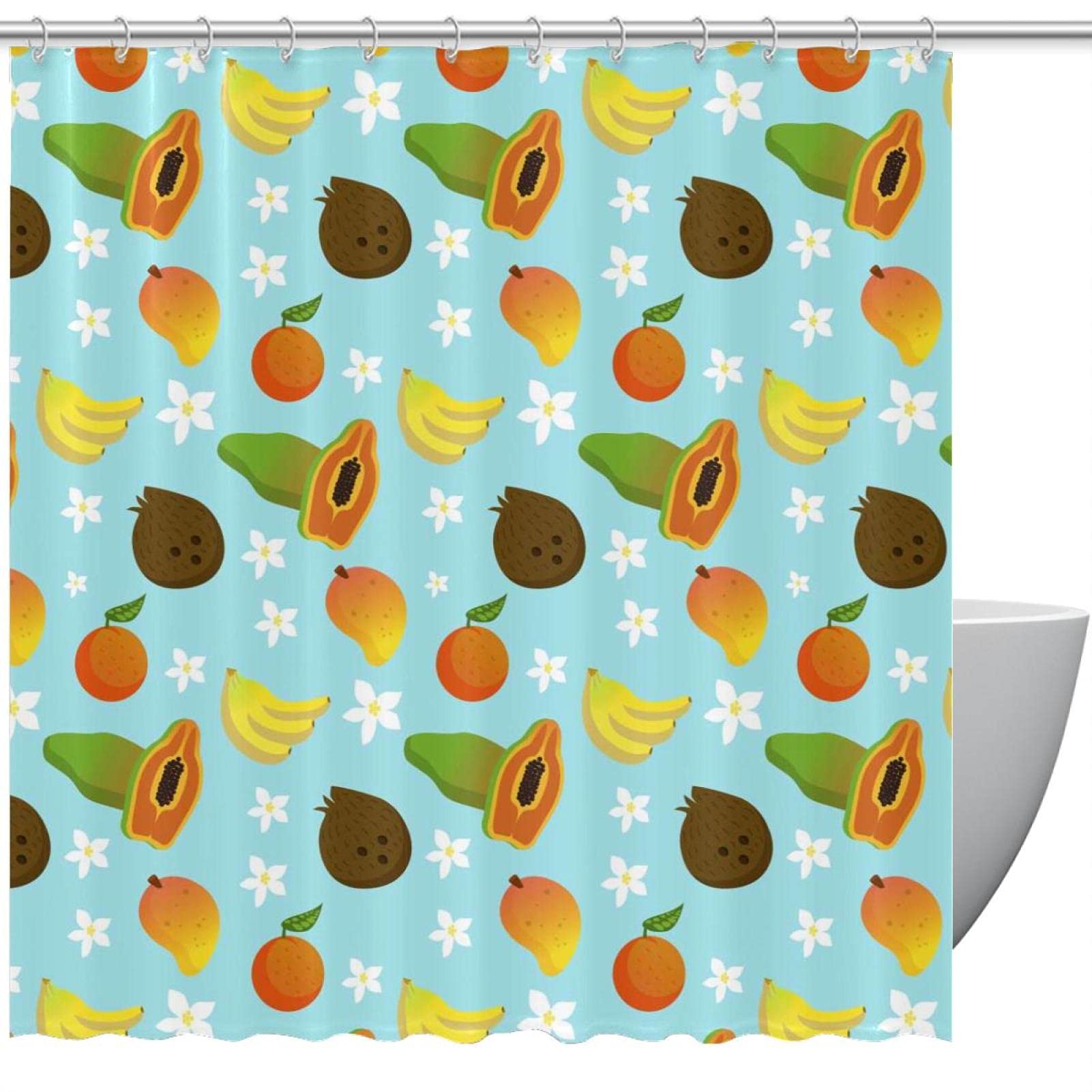 Rideau de douche bleu fruits tropicaux 168x183 cm pour salle de bain