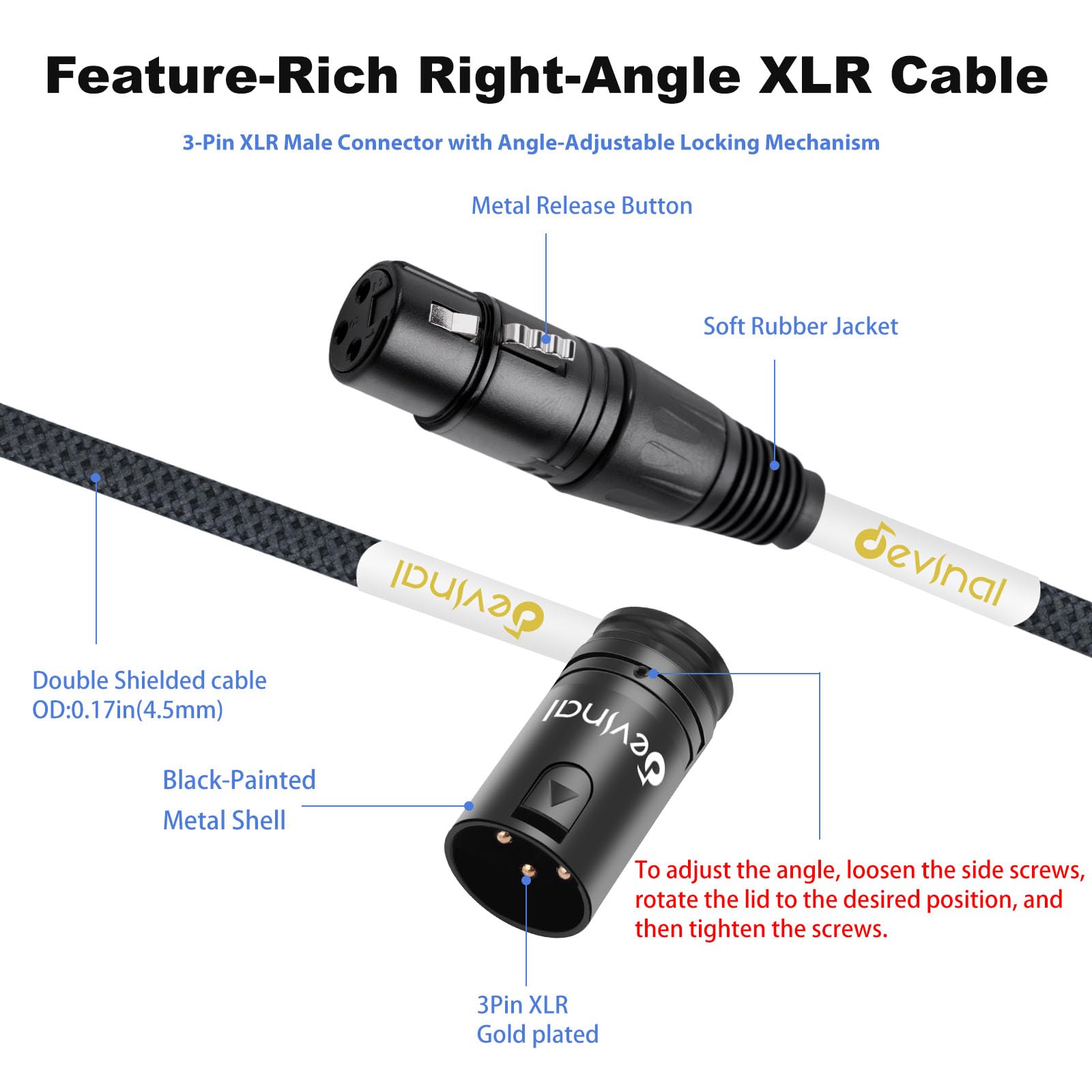 Devinal Rotatable Right-Angle XLR Cable, Adjustable-Angle Low-Profile XLR Microphone Adapter Connector - Image 2