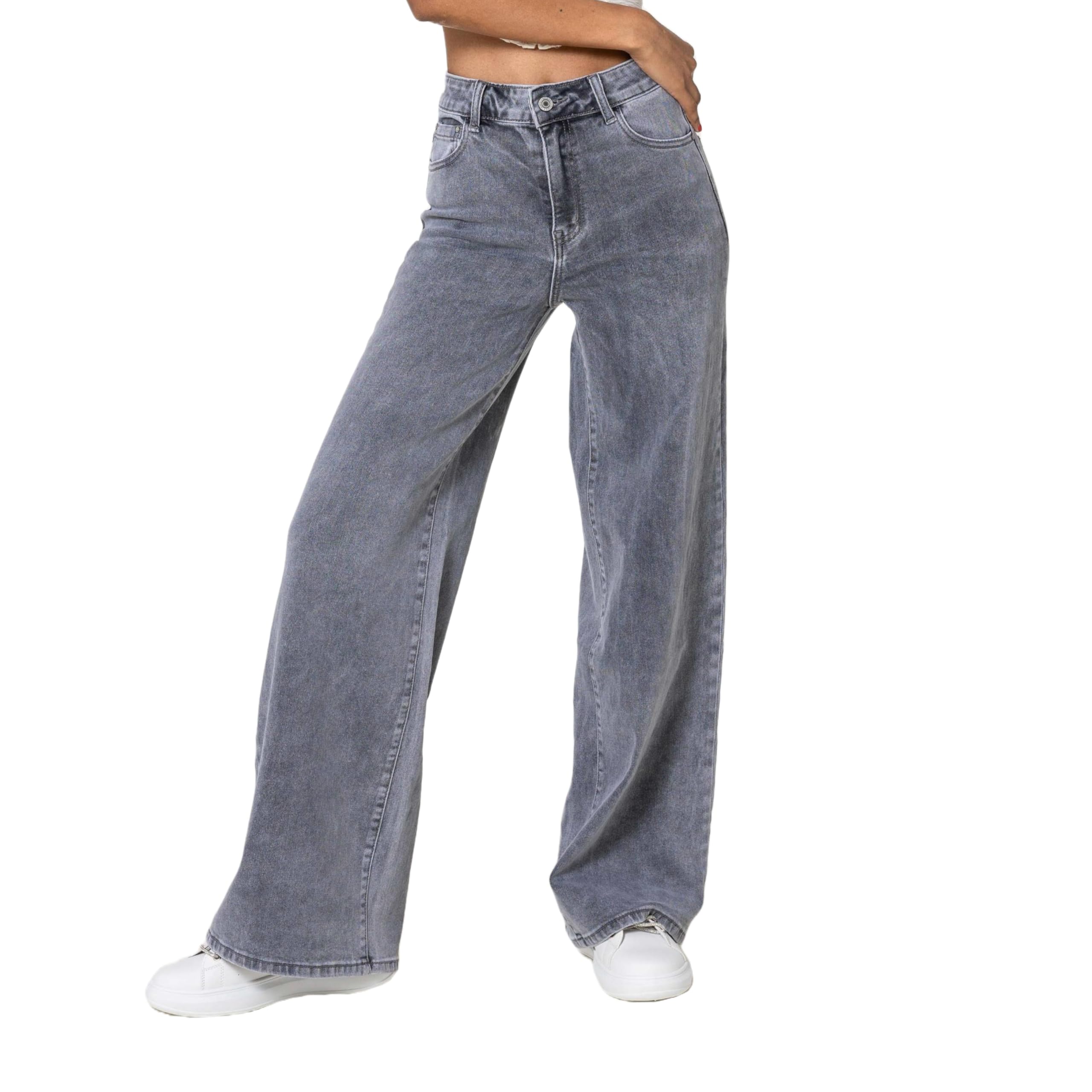Nina Carter YY300 Pantalones vaqueros de cintura alta para mujer, pierna ancha, elásticos, aspecto desgastado