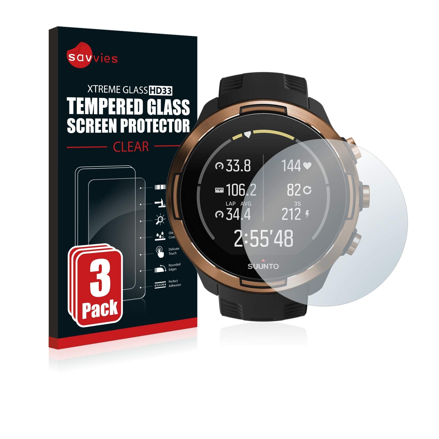 Savvies Armoured Glass compatible with Suunto 9 Baro (3 Pack) Tempered Glass Screen Protector [Shockproof, 9H Ultra Hard]