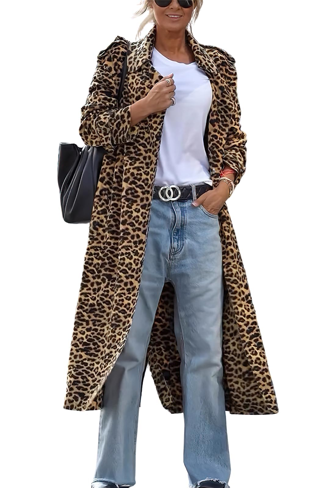 ebossy Womens Notch Lapel Leopard Print Duster Trench Coat Open Front Loose Faux Suede Mid Long Pea Coat