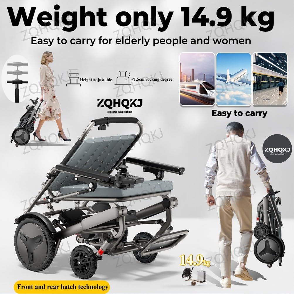 Silla de ruedas eléctrica plegable, ultraligera de 14,9 kg (sin batería), motor sin escobillas de 400 W, batería de litio extraíble de 12/20/30 Ah, alcance de hasta 50 km, control remoto