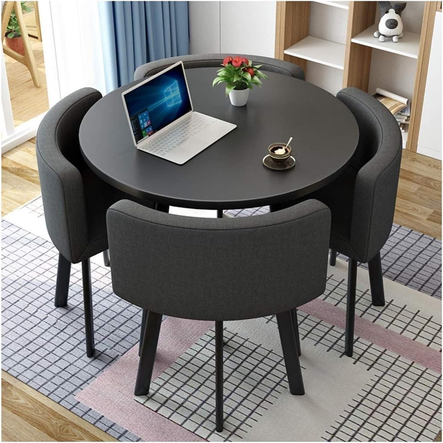 Round Coffee Table W/4 Chairs, Office Conference Reception Table, Family Small Apartment Space-Saving Furniture, Meeting Table Club Simple Kitchen Dining Desk Set(Black Cloth)
