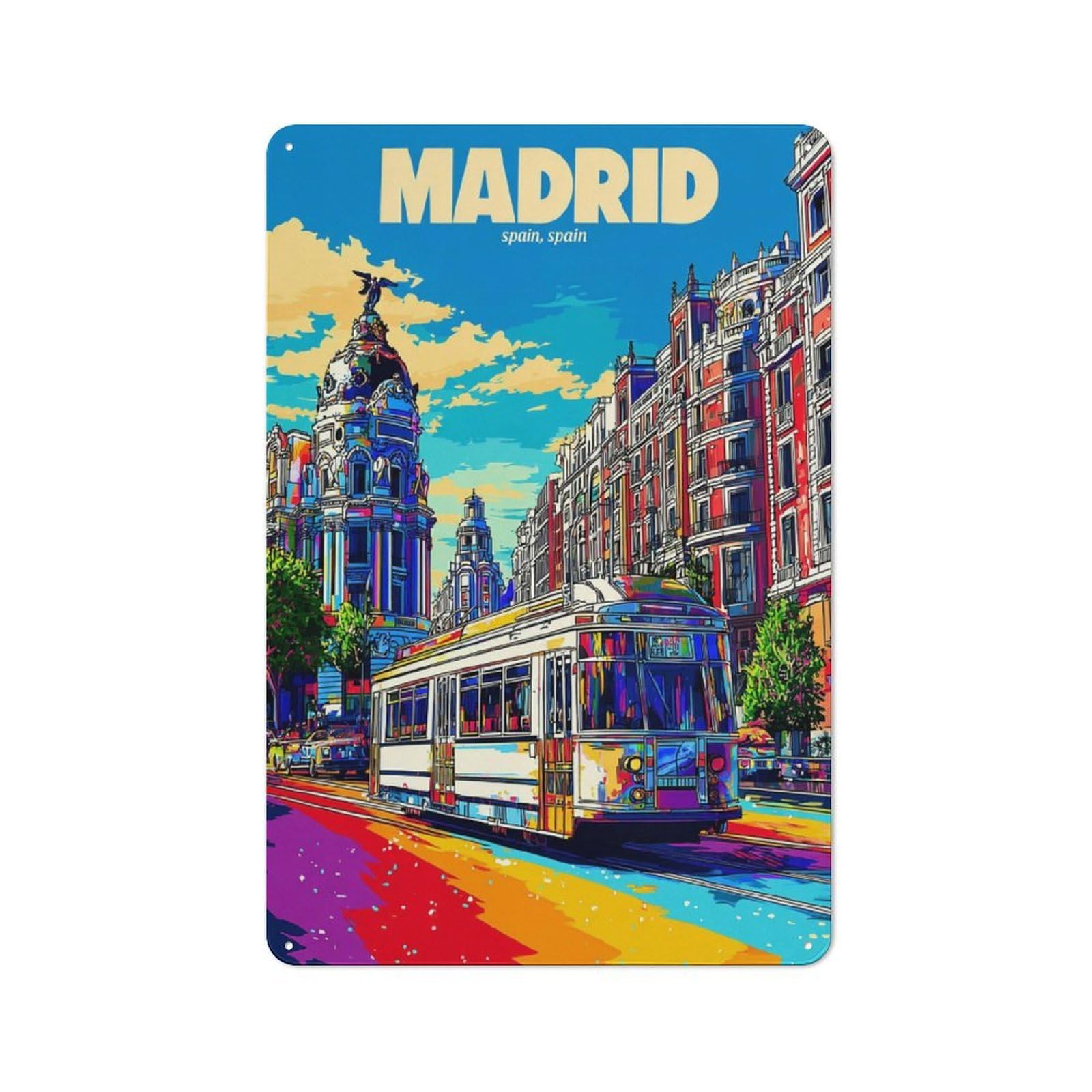 Junmoney Colorful Madrid Street Scene With Tram Printed Metal Sign 30X20cm For Dining Room Or Kitchen, A Christmas Gift For People Styling Dining Room And Kitchen