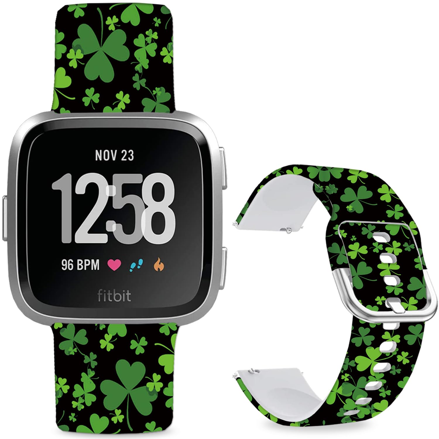 Leotop Pattern Printed Soft Silicone Replacement Bands Compatible with Fitbit Versa/Fitbit Versa 2 for Women Men Teens. (Black Base Clover) — image 1