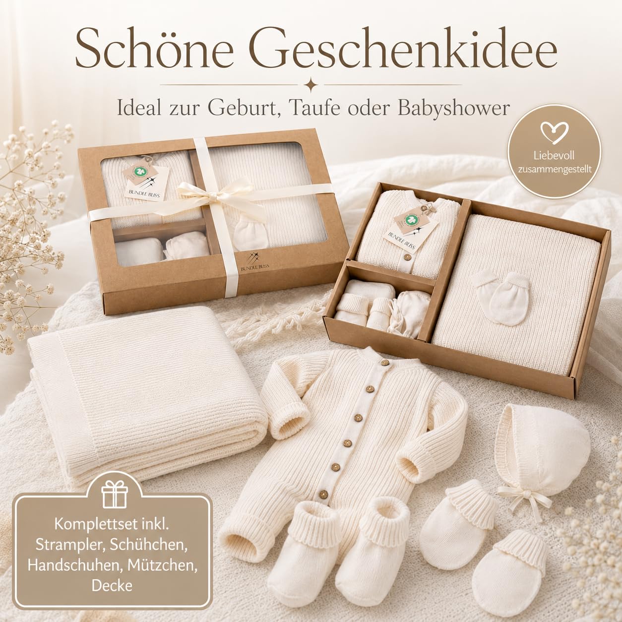 Bundle Bliss Zestaw upominkowy dla niemowląt ze 100% bawełny ekologicznej - śpioszki, koc, rękawiczki, czapka i buty | certyfikat GOTS | miękki, oddychający zestaw odzieży dla niemowląt i niemowląt (0