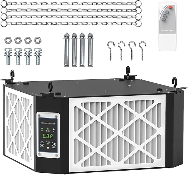 ABESTORM 360 Degree Intake Air Filtration System Woodworking, 1350CFM Hanging Air Filter with Strong Vortex Fan, Shop Dust Collector for Woodworking, Garage Work Shop, Built-in Ionizer, DecDust 1350IG
