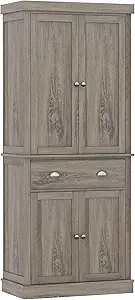 FOTOSOK 72" Kitchen Pantry Storage Cabinets with Drawer, Freestanding Cupboard with 4 Doors, Drawer, 4 Shelves, Utility Pantry Cabinet for Kitchen, Dining Room, Living Room, Ash Grey