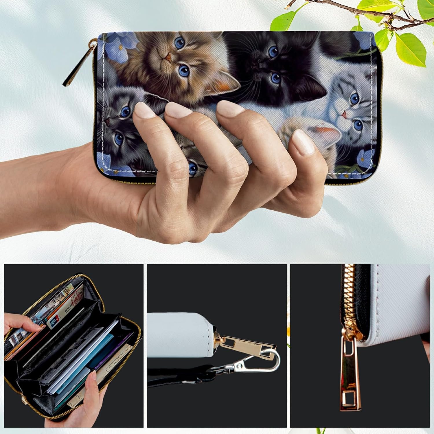 Women's RFID Blocking Wallet PU Leather Slim Bifold Wristlet Clutch with Large Capacity,16 Card Slots & Zipper Coin Purse Pocket Ladies Travel Purse Wristlet,Cute Cat - Image 4