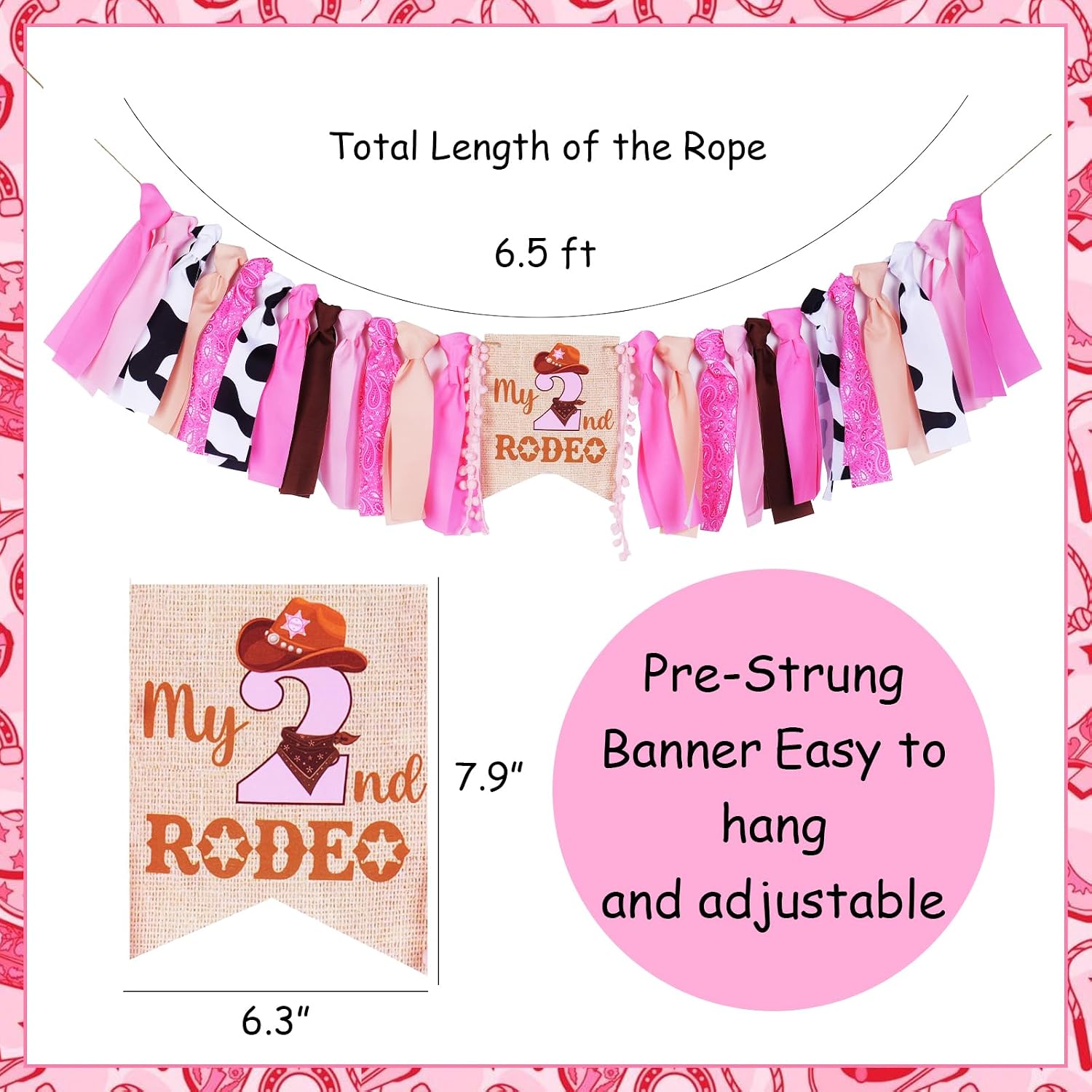 Western Cowgirl 2nd Birthday Decorations My 2nd Rodeo High Chair Banner Pink Second Birthday Highchair Banner for Rodeo Birthday Western Theme Wild West