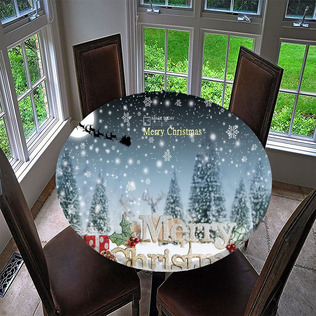 Treer-Shop I Treer Christmas Round Tablecloth Waterproof Wipeable, 3D Christmas Tree Print Circular Tablecloths Fitted Elastic Edged Xmas Table Cover Decoration For Kitchen Picnic Outdoor Ndoor (,90Cm)