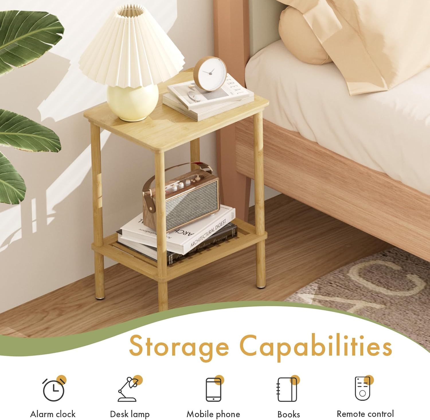 2 Tier Bamboo End Table, Narrow Side Table with Adjustable Feet, Waterproof Small Bedside Table, Nightstand, Entryway Table for Living Room Bedroom Bathroom, No Tool Assembly, 66LBS Capacity