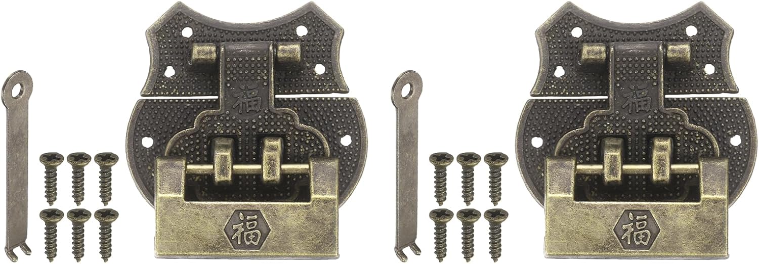 PATIKIL 2Pcs Vintage Decorative Hasp Latch, (1.42" x 1.6", Bronze), Retro Embossing Locking Hasp Latch Clasp Set and "Blessing" Padlock, Suit for - Jewelry Box/Wooden Case/Cabinet