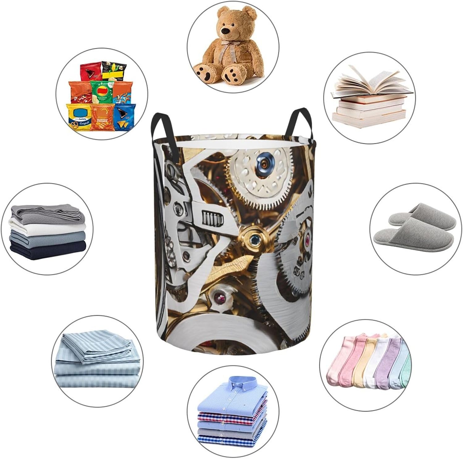 (Cool Steampunk Gears) Collapsible Circular Laundry Hamper Waterproof Oxford Fabric Clothes Basket with Handles Foldable Storage Bin for Bedroom Bathroom Dorm Toy Towel Blanket Organizer Small image 5