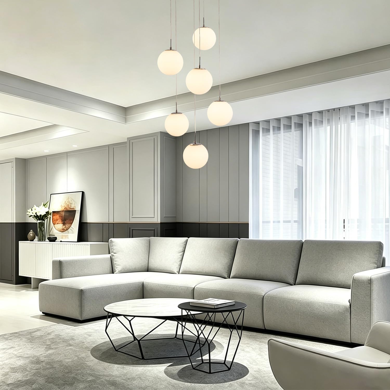 Pendelleuchte Moderne Kugel Hängelampe Weiß Metall Deckenlampe | Treppenhaus Hängeleuchte Esstisch Küchenlampe Höhenverstellbare Deckenleuchte Wohnzimmer Villa Designer-Pendellampe 6-flame