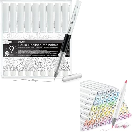 Ohuhu Bolígrafos fineliner líquidos, 9 tamaños, pigmento, tinta negra, microbolígrafos para bocetos, marcadores de alcohol, 96 colores pastel,