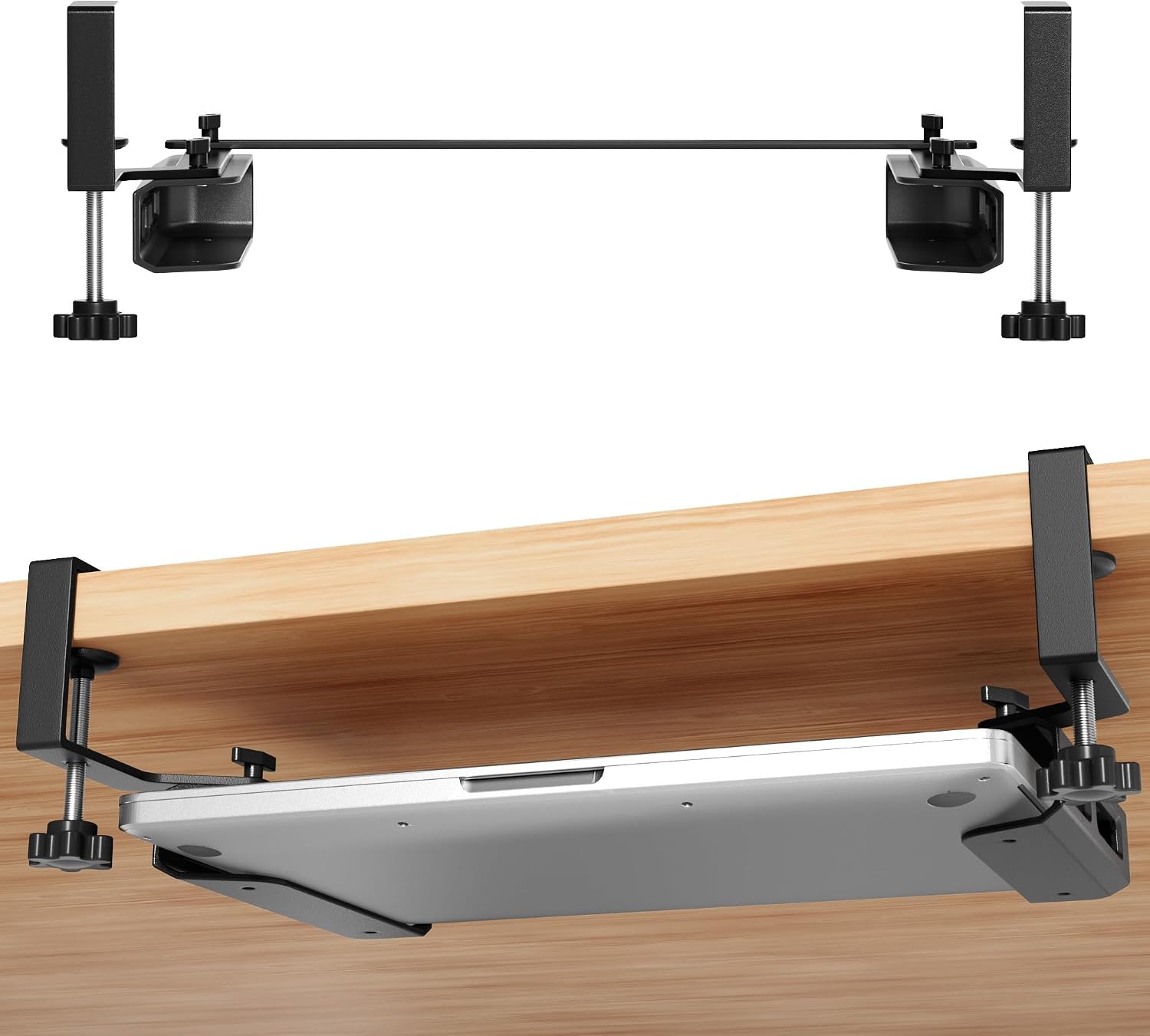 No Drilling Under Desk Laptop Mount, Fits Devices Up to 15" Wide & 1.0" Thick,Adjustable Steel Shelf Holder with Anti-Scratch Pads,Universal for MacBooks,Surface,Keyboards,Tablets,Switch &More