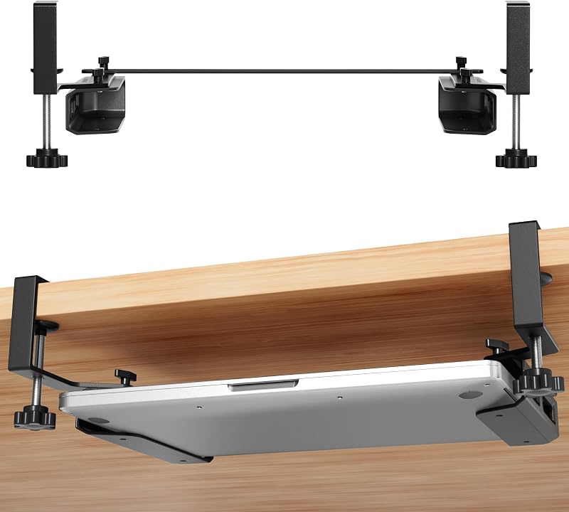 No Drilling Under Desk Laptop Mount, Fits Devices Up to 15" Wide & 1.0" Thick,Adjustable Steel Shelf Holder with Anti-Scratch Pads,Universal for MacBooks,Surface,Keyboards,Tablets,Switch &More