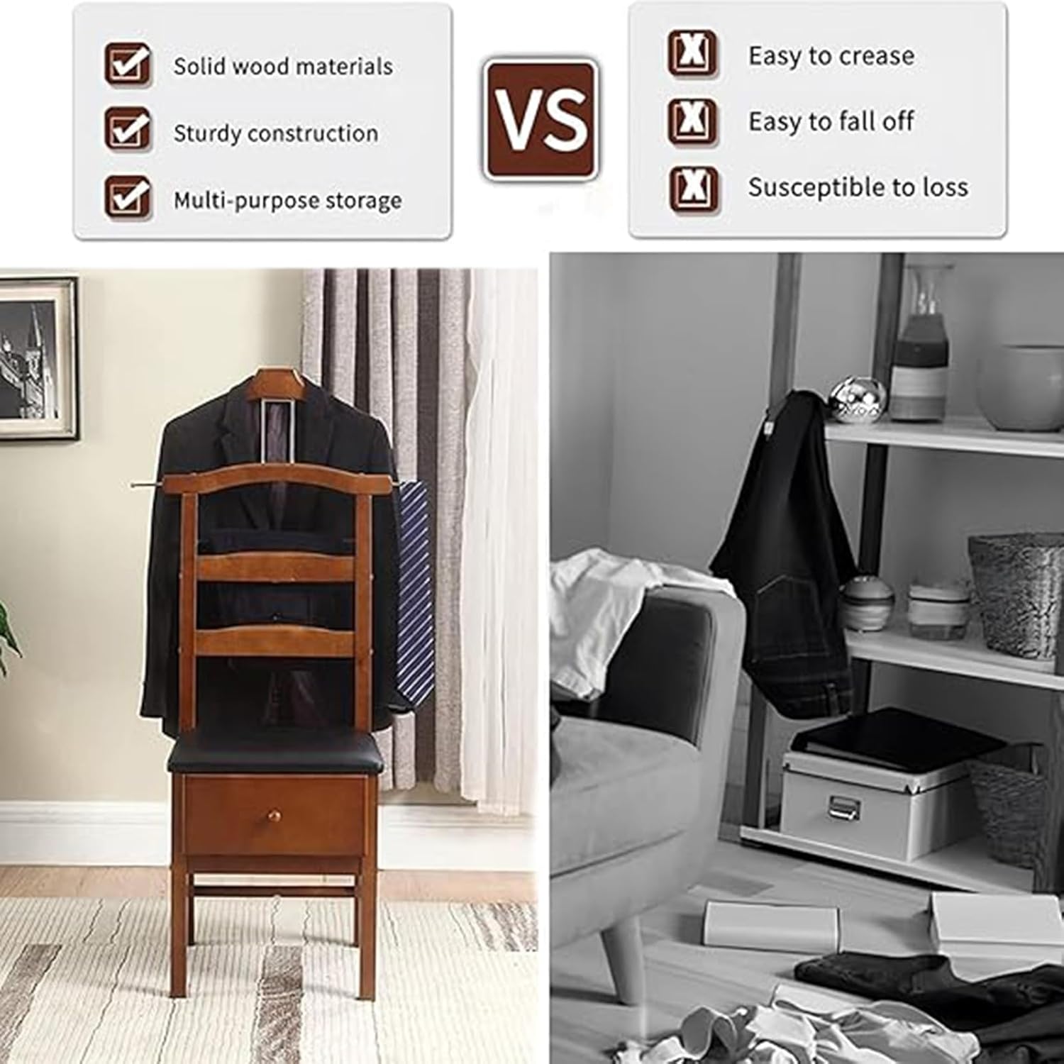 Brown Valet Stand with Office Chair Hanger with Drawer Trouser Bar and Tie & Belt Bar Freestanding Clothes Valet Stand Organizer Storage for Men and Women