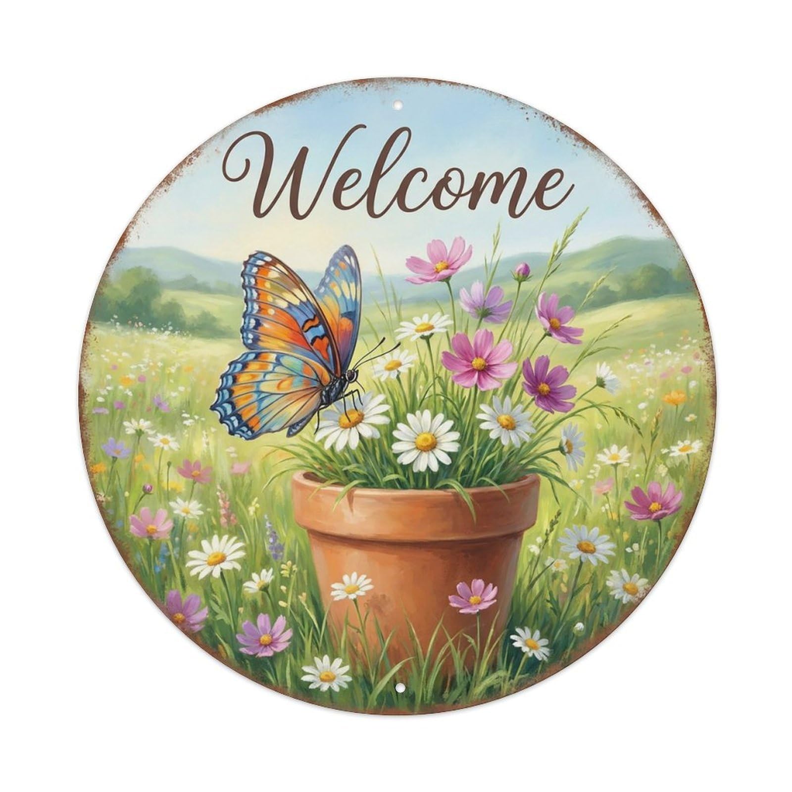 Welcome Butterfly Daisy Meadow Vintage Metal Tin Sign Plaque Wall Decor for Cafe, Club Bar, Office, Garden Metal Poster 8x8Inch