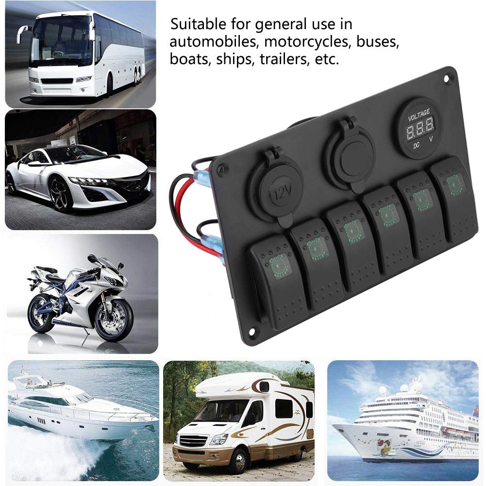 Panel de interruptor basculante Gang 12V 24V 6 Gang Coche Barco Marino Panel de interruptor basculante LED Voltímetro USB dual Encendedor de cigarrillos Accesorios para barcos náuticos(Verde)