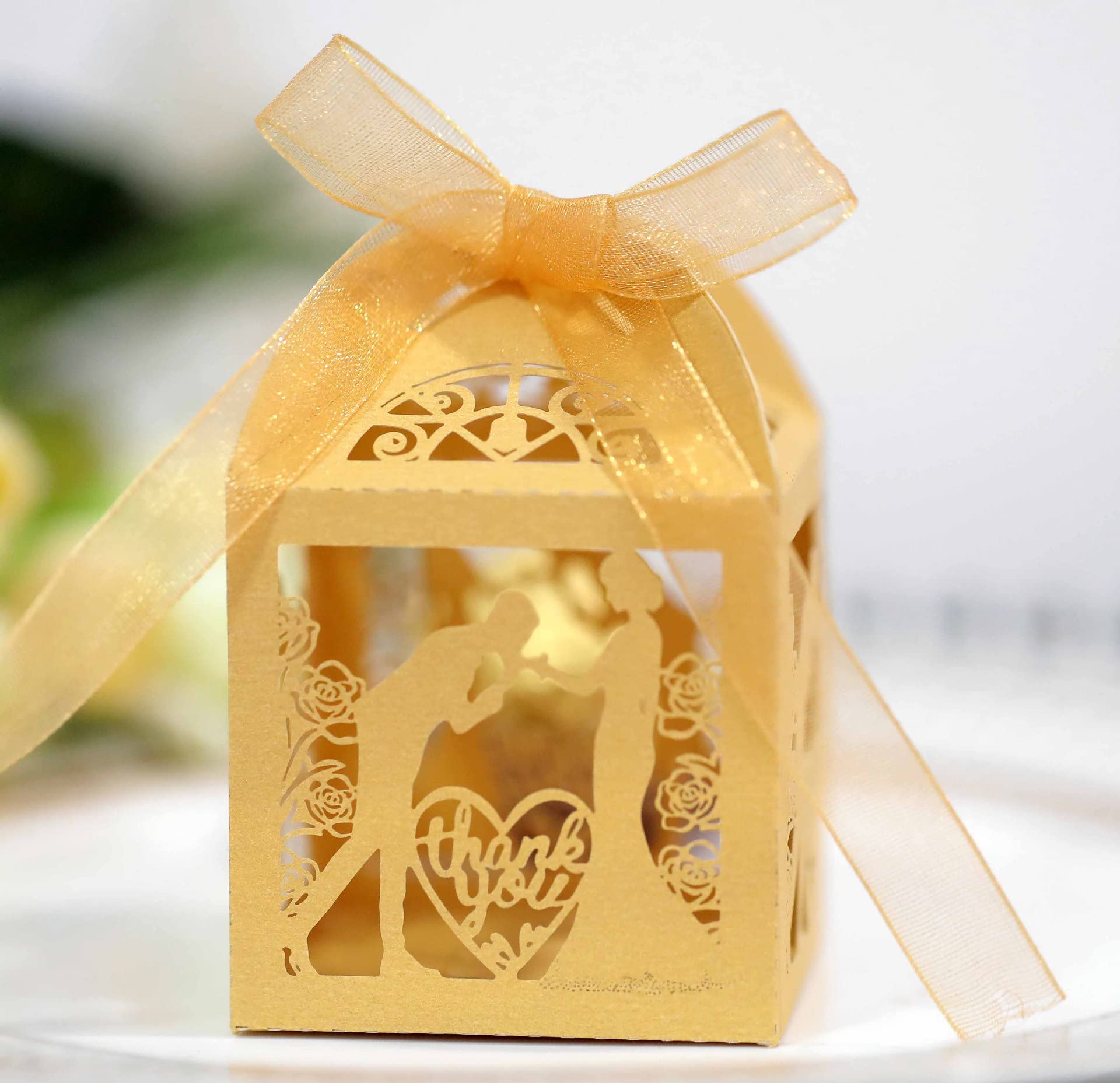 Ykybhx 50PCS Laser Cut Wedding Party Favor Box Candy Bag Chocolate Gift Boxes with Ribbon Romantic Kissing Lovers Candy Cookie Small Gift Box Present Boxes DIY Candy Boxes for Wedding Birthday Party,D