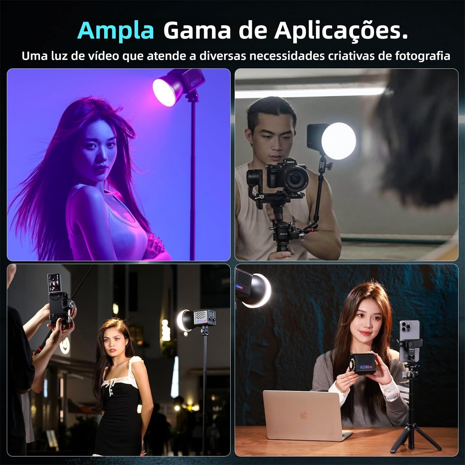 ULANZI 40W Pro RGB Luz de Vídeo LED Portátil, Bateria Interna de 3400mAh, Iluminação Contínua COB Mini Metálica Ajustável (2500K-6500K) para Vídeo e Fotografia, Observação: sem adaptador de energia CC