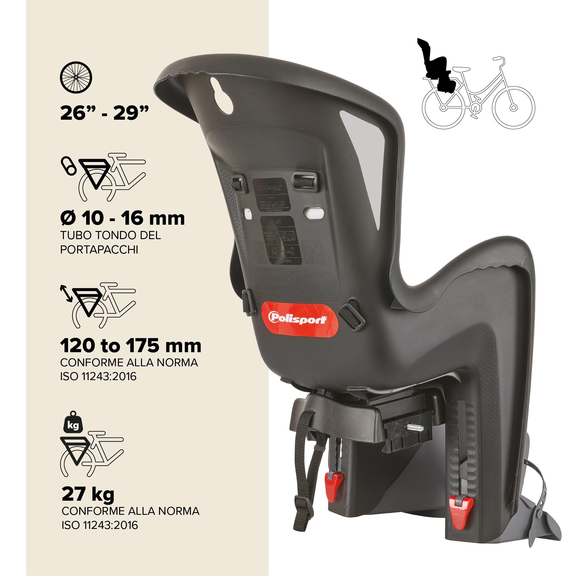 Polisport 8632200029 Bilby CFS AMZ Seggiolino Posteriore Bambini, 9 Mesi–6 Anni, Cintura Imbottita 5 Punti, Poggiapiedi Regolabili, Compatibile Con Portapacchi, Nero/Grigio Scuro