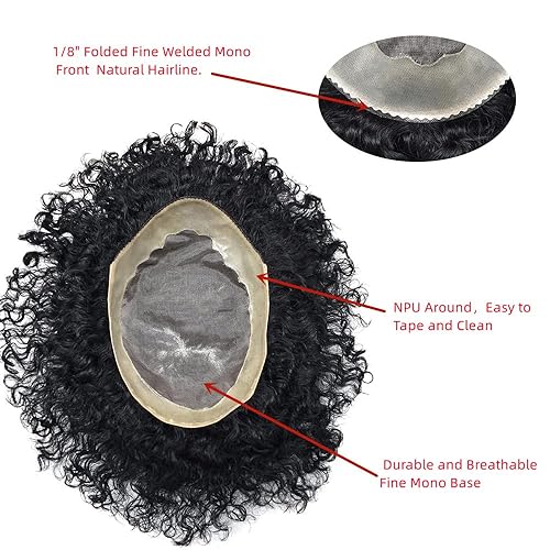 Miniatura 5 de Cabello afro rizado negro para hombre Toupee afroamericano para hombres negros, cabello rizado fino mono, pelucas para hombre (onda afro de 5 x 7 a