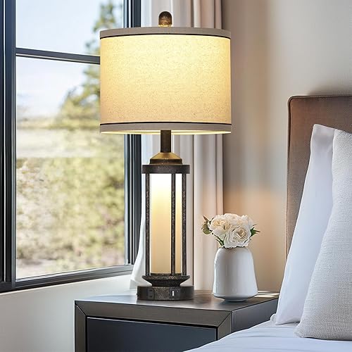 Miniatura 9 de Farmhouse Table Lamp, 27" Vintage Rustic Retro Beside Lamp with USB A+C Charging Ports & AC Outlet, Industrial Modern Lamp with Glass LED Night