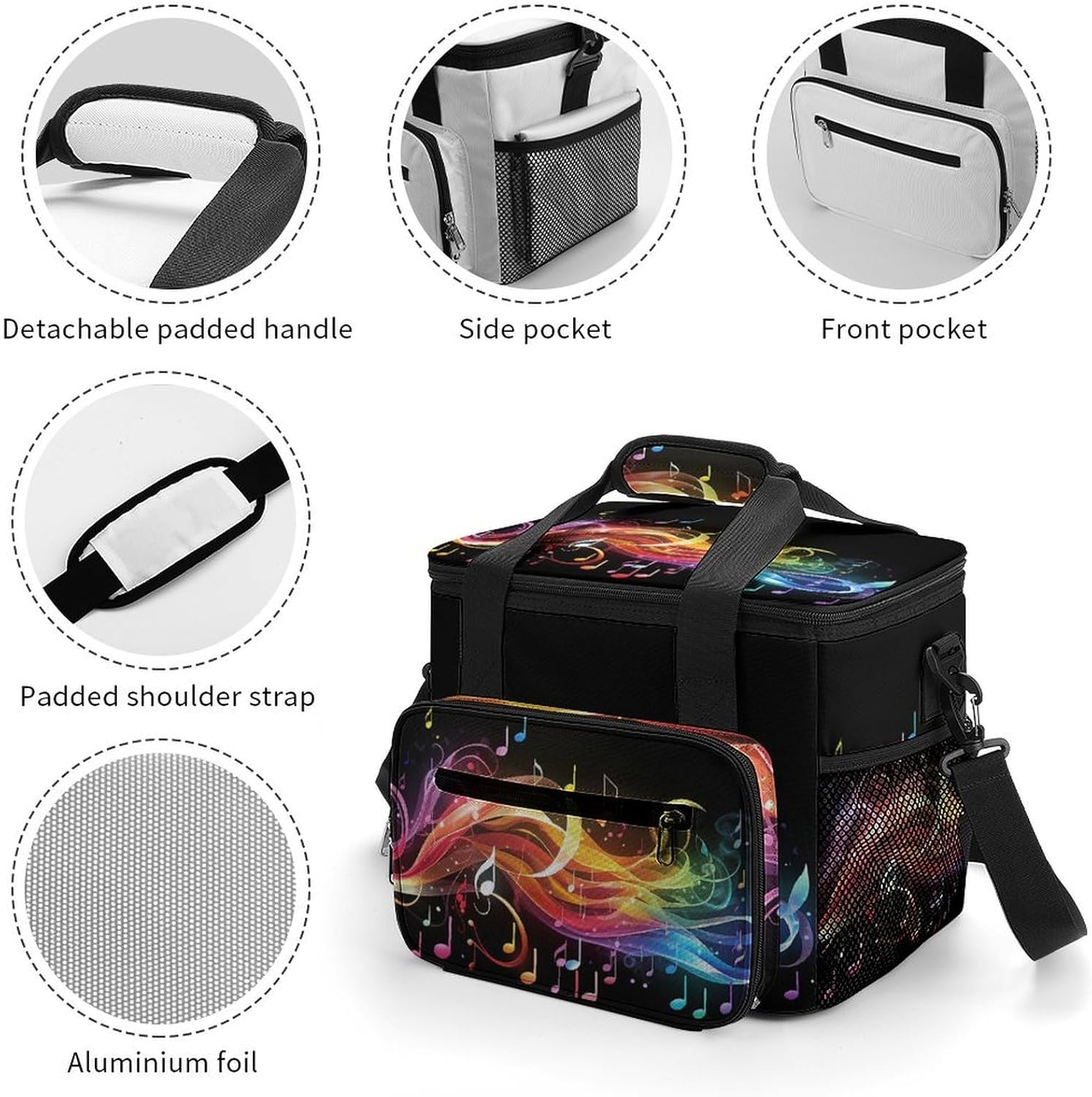 Large-Capacity Oxford Cloth Rainbow Musical Note Melody Printed Camping Ice Bag, Outdoor Portable Insulation and Cold Storage Bag, Enjoy A Cool Camping Time