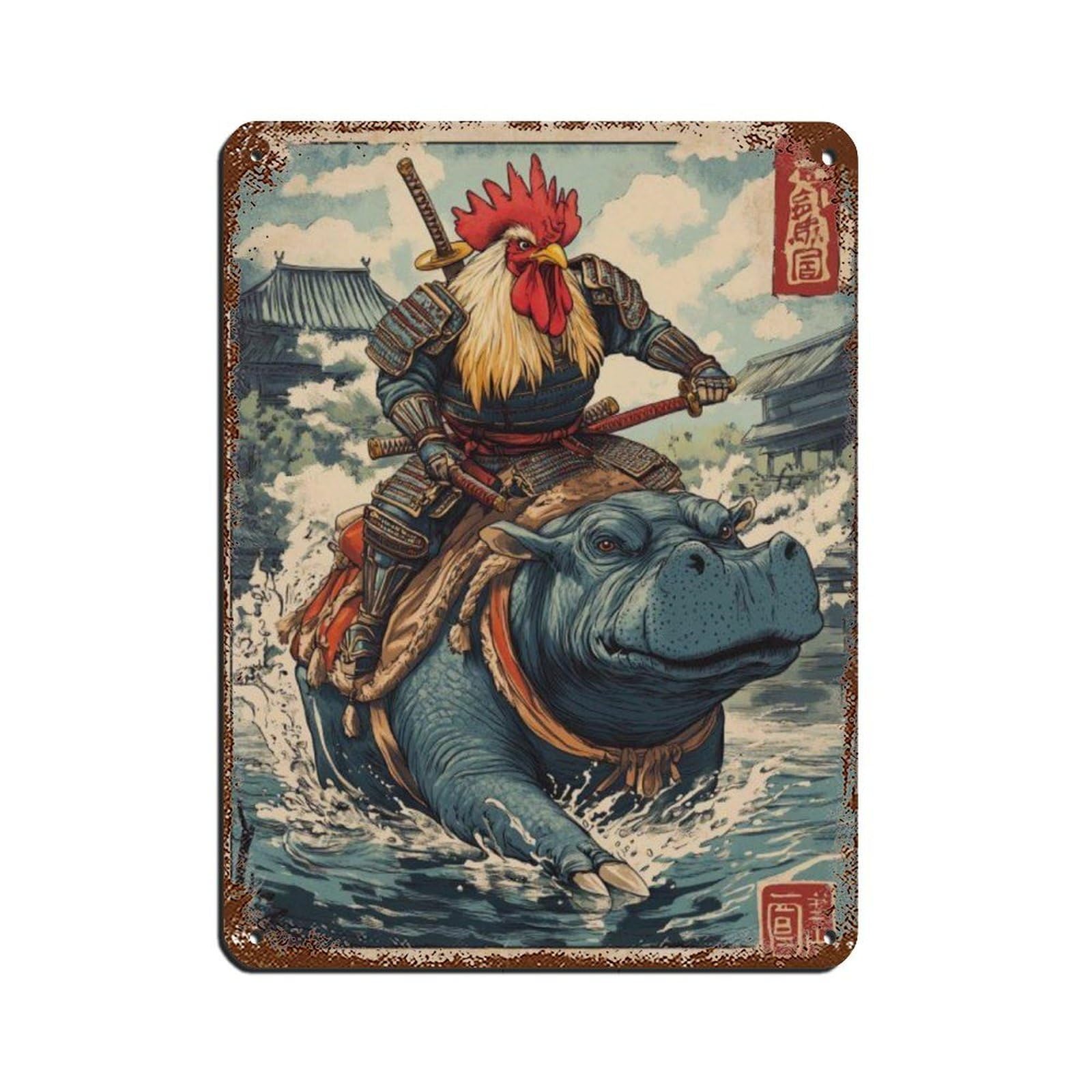 Lxwnze 30L X 40W Cm Unique Rooster Hippo Warrior Poster Retro Poster Metal Tin Sign Chic Art Retro Iron Painting Bar People Cave Cafe Family Garage Poster Wall Decoration 12X16inch(30X40cm)