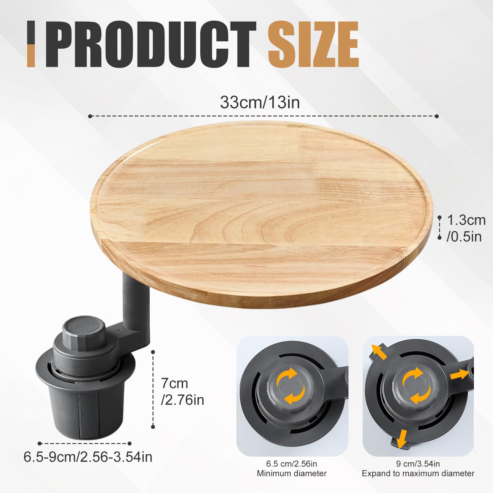 Autotisch aus Massivholz, 360° drehbar, passend für Getränkehalter (6,5–9 cm), 33×28 cm oder Ø33 cm, 1,3 cm dick, mit erhöhtem Rand, für Essen, Arbeit & Make-up im Auto (Ø33 cm)