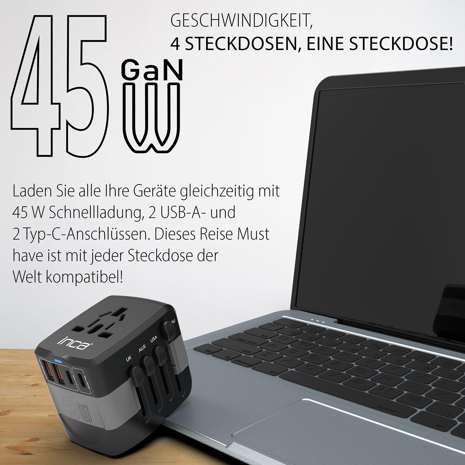 inca IPW-45SA adapter podróżny na całym świecie, 45 W, wtyczka podróżna z 2 USB-C, 2 USB-A, szybkie ładowanie PD 45 W, międzynarodowy adapter do gniazda wtykowego do USA/UE/UK/OFF – ponad 150 krajów