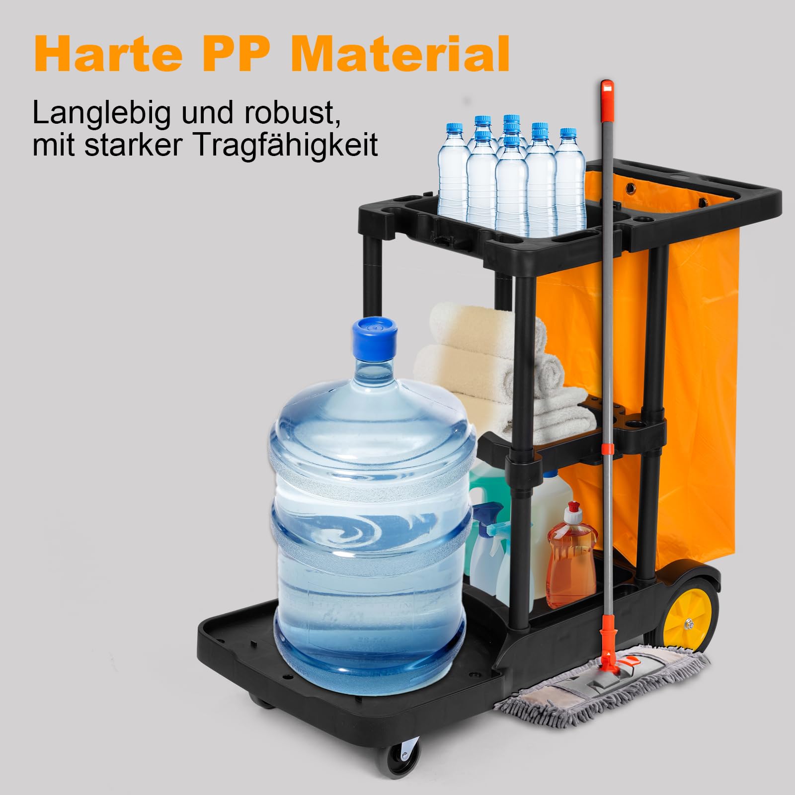 bimiti Profi Putzwagen Reinigungswagen mit extra groß Tasche, 113 x 56 x 93 cm, 3 Ebenen Reinigungswagen Putzwagen Haushaltswagen mit 4 Rollen, Große Kapazität 65 L Müllsack, Gelb + Schwarz