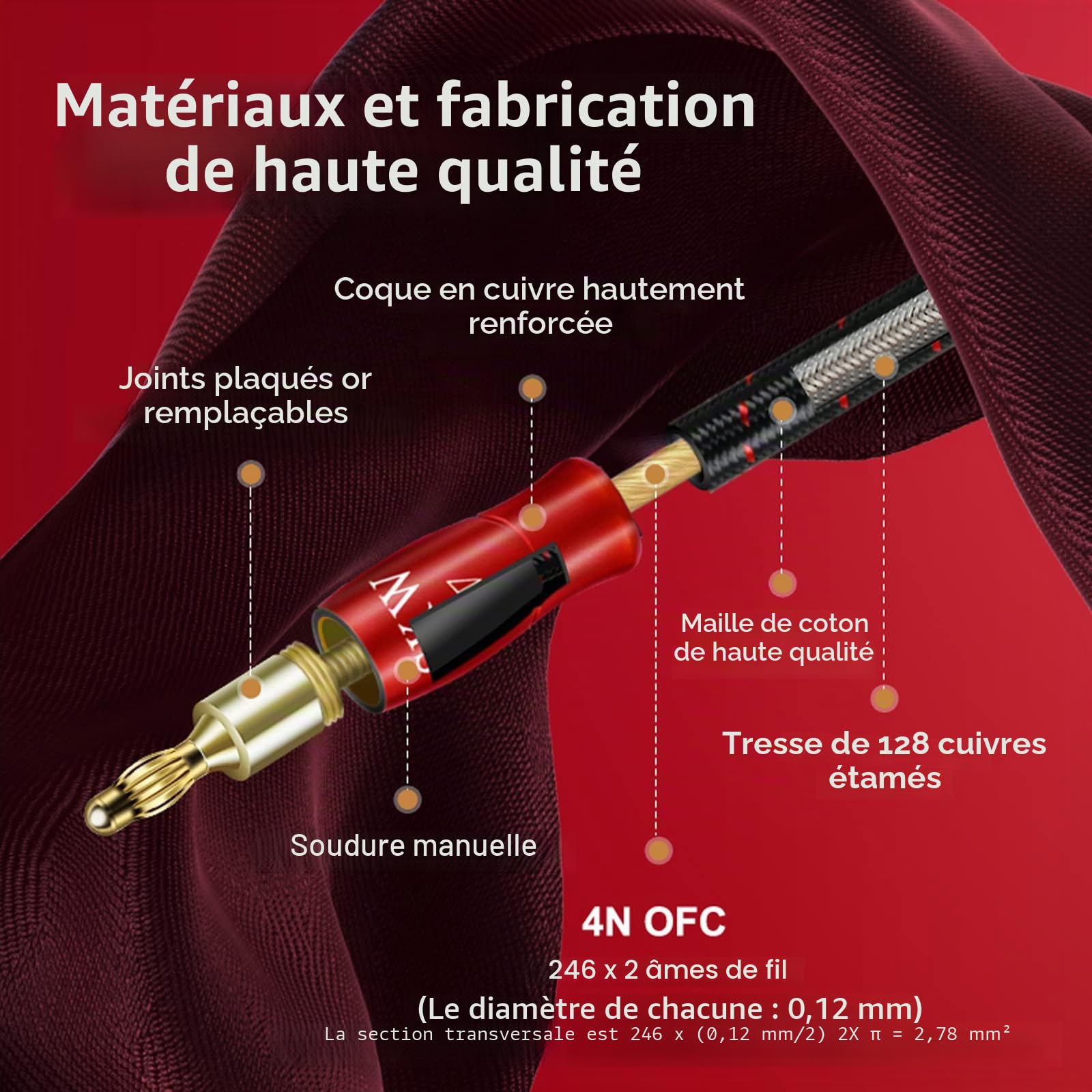 SKW Câble de haut-parleur simple 14 AWG, en cuivre OFC - Câble de haut-parleur avec fiches banane plaquées or, fiche à vis à fourche, tissu en coton tressé (5 m, rouge)