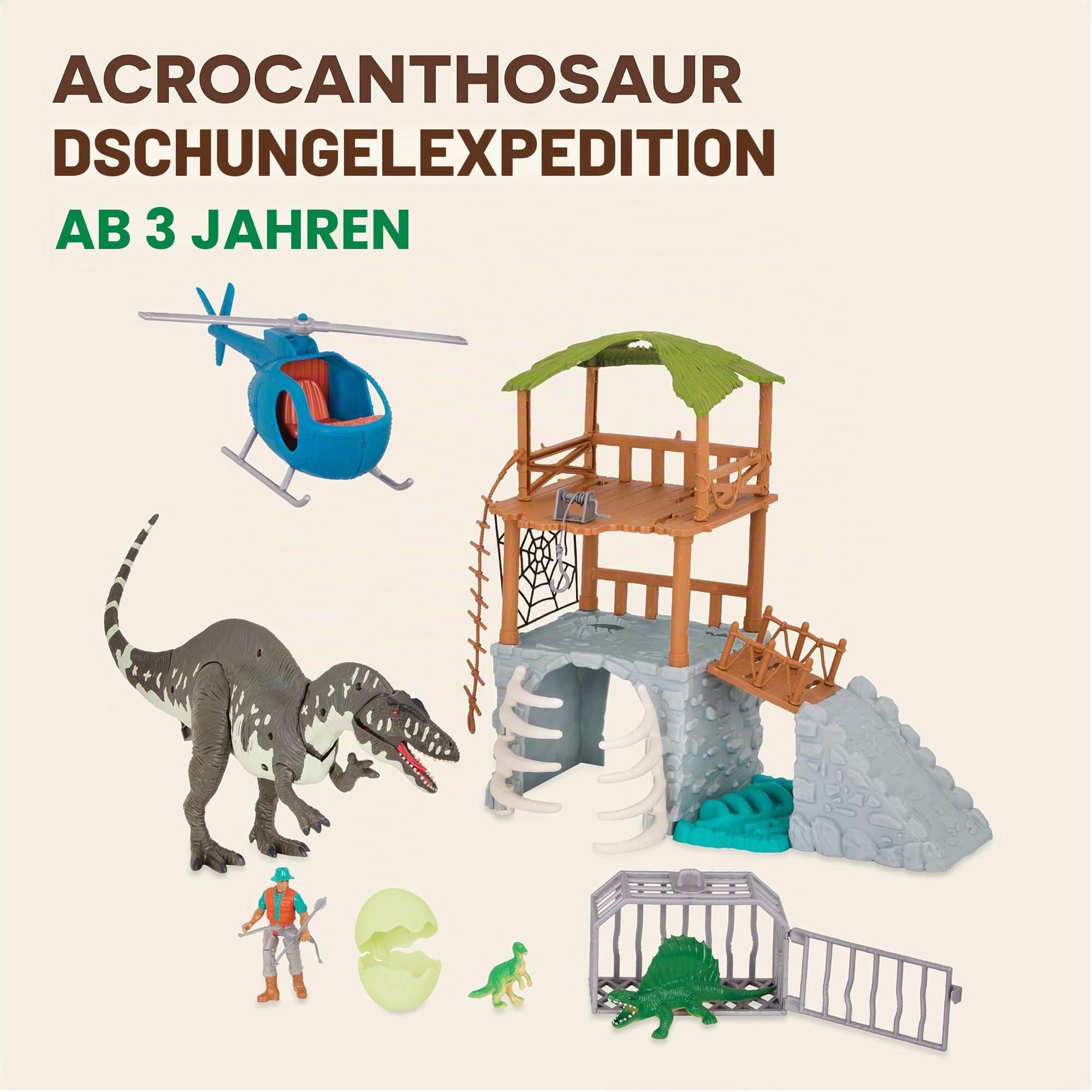 TERRA by Battat - Acrocanthosaurier-Dschungel-Expedition - Elektronisches Dinosaurier-Spielset - 13-teiliges Acrocanthosaurier-Spielset - Hubschrauber, kleine Dinos & Ei - 3 Jahre +