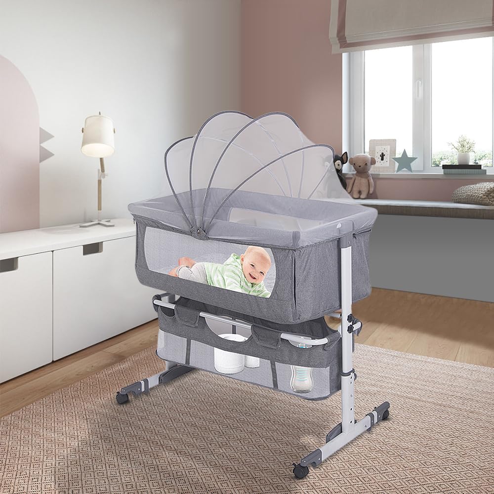 HUOLE 3 en 1 Lit bébé jusqu'à 25 kg Cododo,Berceau Bebe à roulettes Pliable, Hauteur Réglable 5 Niveaux, Paroi LatéRale Amovible, pour Enfants, 92 * 58 * 70-90cm (Blanc cassé)