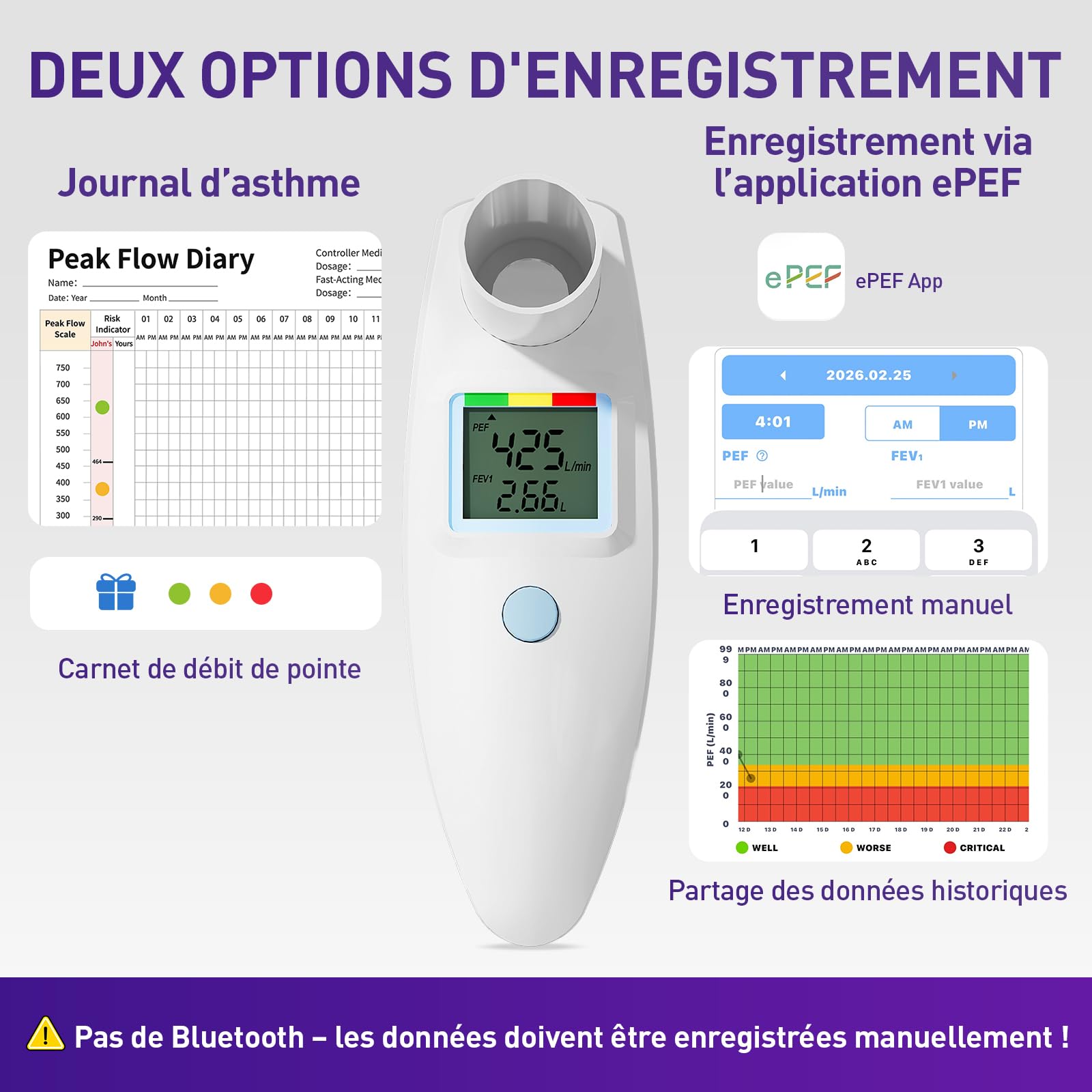 Spiromètre numérique Peak Flow Meter avec écran LCD pour adultes et enfants asthme BPD PEF FEV1