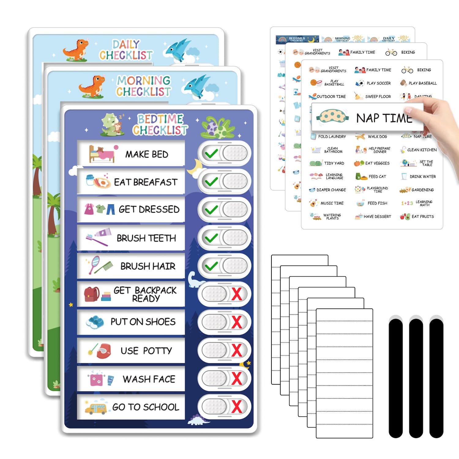 3 in 1 Bedtime/Morning/Daily Routine Chart for Kids, Magnetic Chore Chart for Kids with Cute Chore Stickers, Visual Schedule for Kids with Autism, Cute to Do List Checklist for Kids