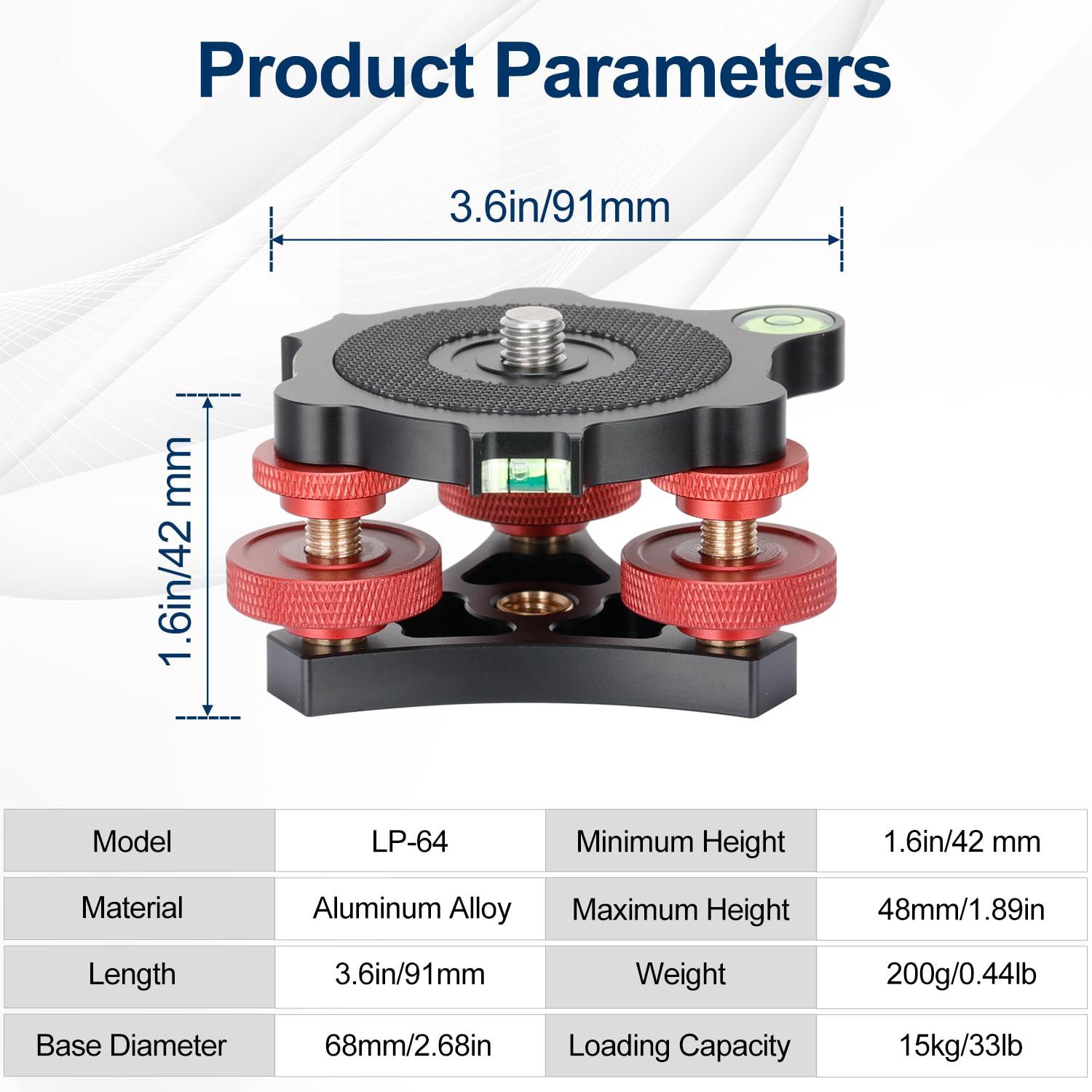 Koolehaoda Leveler Leveling Base z poziomicą i śrubą 3/8", 3 pokrętła z precyzyjną regulacją +/-5 stopni, konstrukcja ze stopu aluminium do statywu fotograficznego