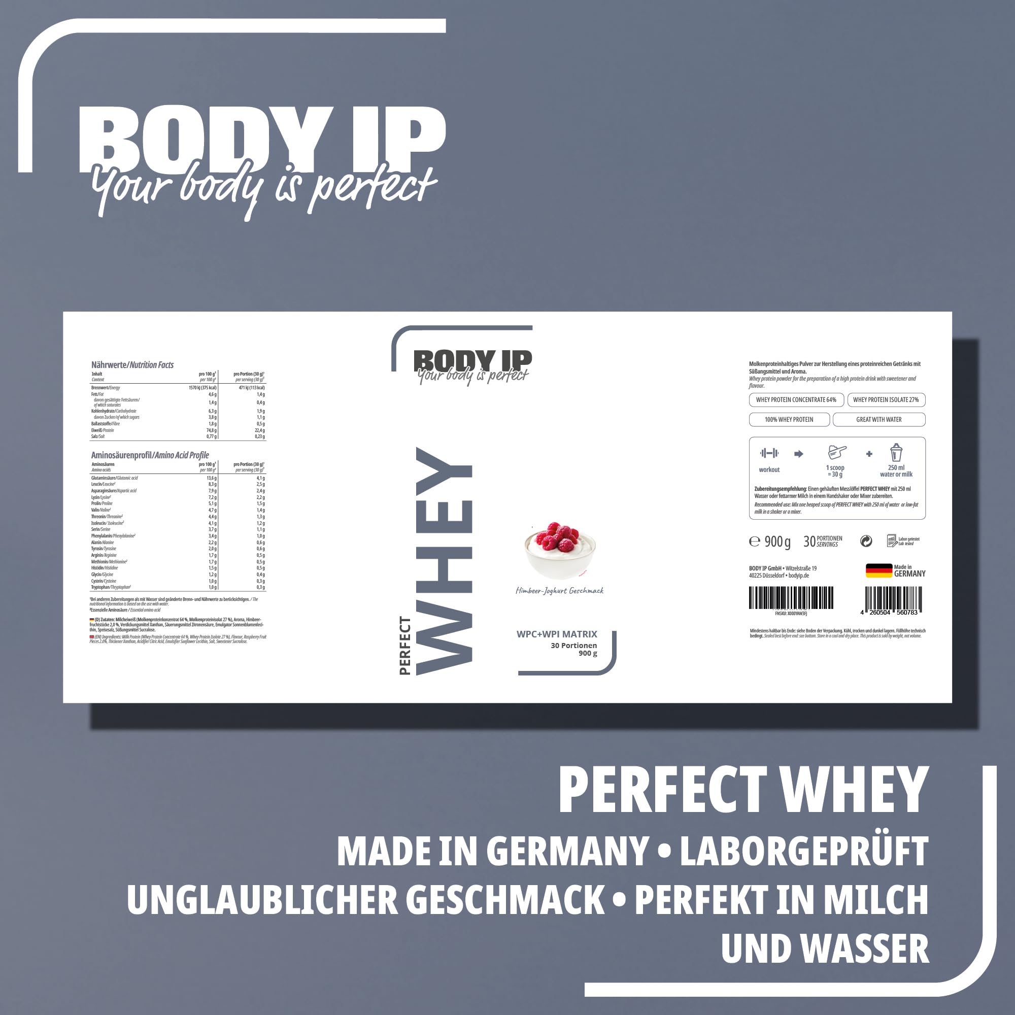 BODY IP Perfect Whey Protein Pulver | Himbeer-Joghurt | Eiweißpulver für Protein Shake & Muskelaufbau | hoher BCAA Anteil | 30 Portionen | Whey Isolat & Konzentrat | hoher Eiweißgehalt | 900g