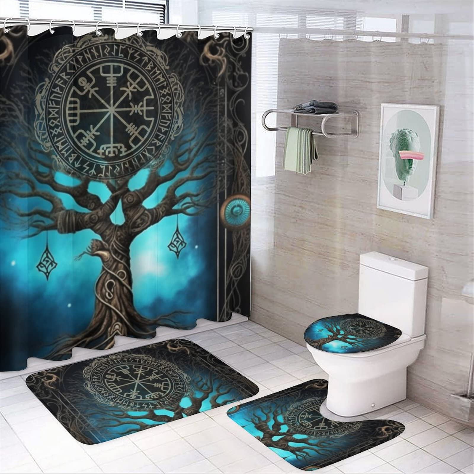 4 Pcs Bathroom Shower Curtain Set,Bathroom Sets with Rugs (Bath Mat,U Shape and Toilet Lid Cover Mat), Tree of Life Viking Bathroom Decor Set
