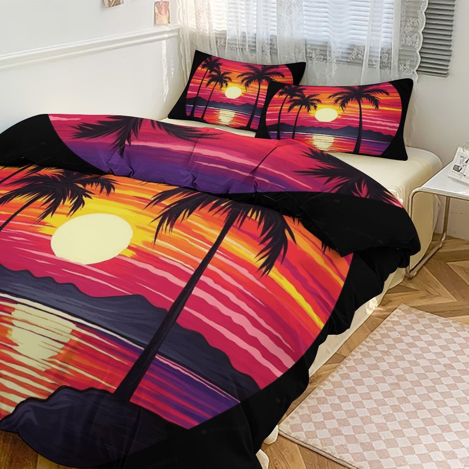 Couette pour grand lit motif palmier coucher de soleil pour une chambre ambiance évasion