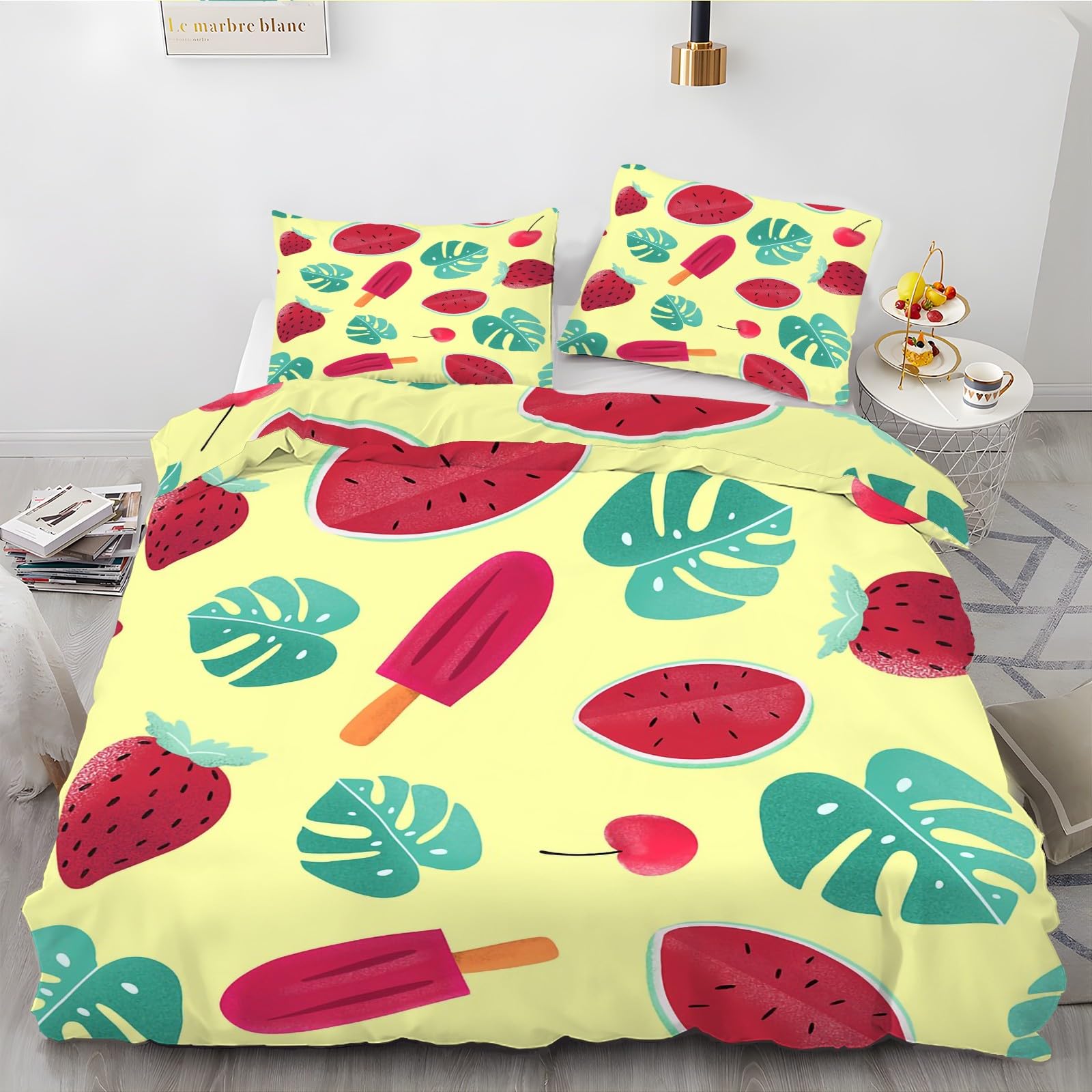 Housse de couette 200x200 pastèque et monstera en microfibre avec 2 taies d'oreiller