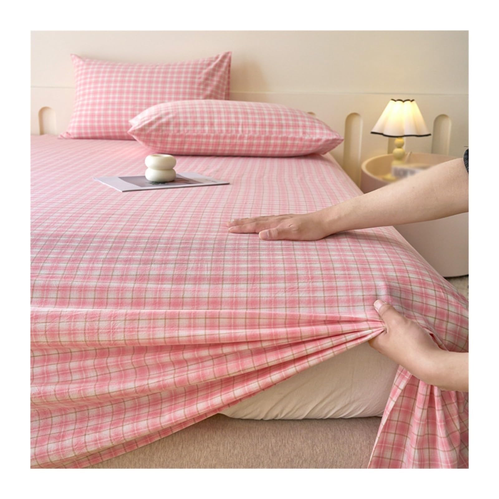 Bettlaken ohne Gummizug Baumwolle 120x230cm bis 245x265cm Klasse A Bed Sheets Betttuch ohne Gummi und Laken Bedsheets Karierte Streifen(Pink A,245x265cm)
