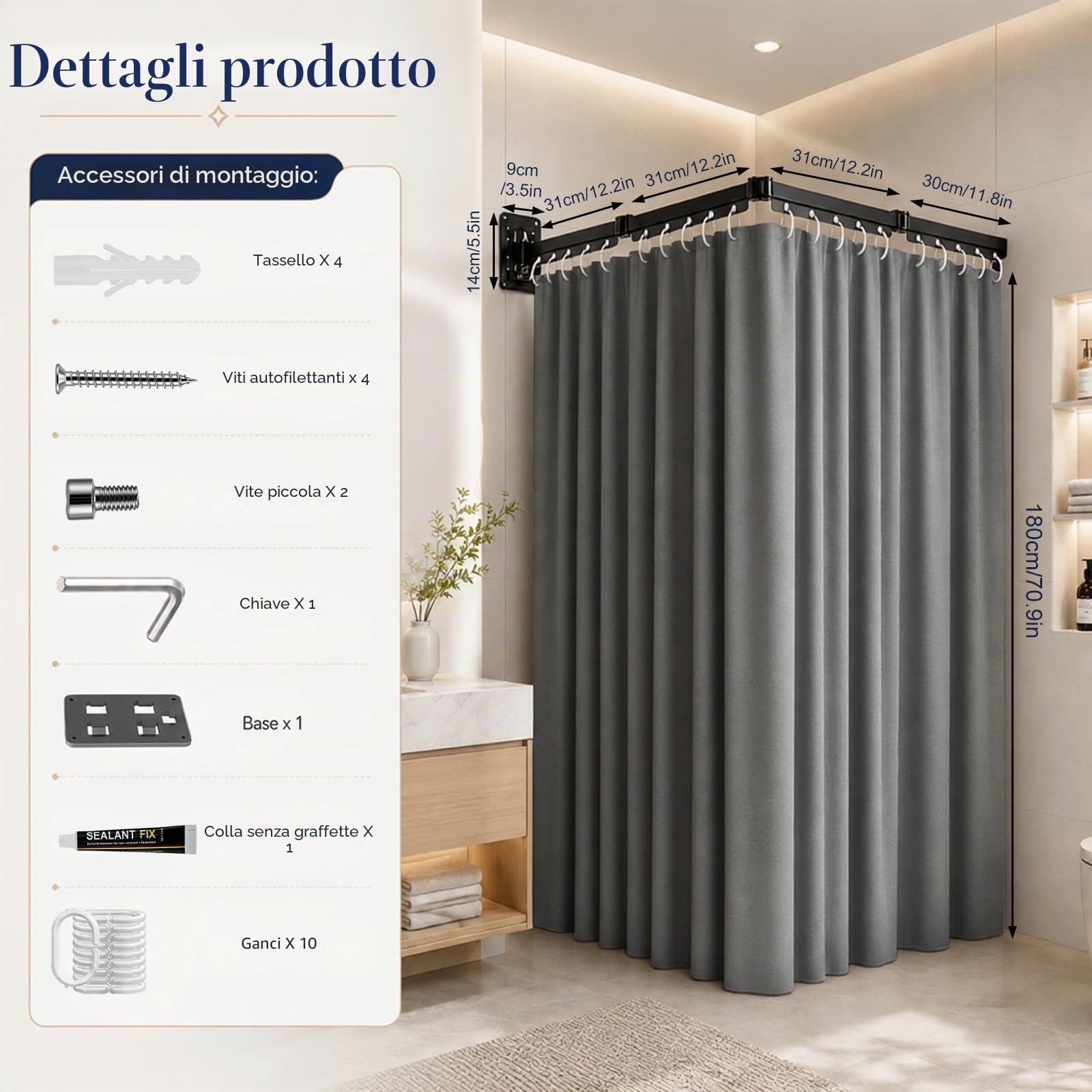 Tenda doccia senza forare, asta pieghevole con ventose, forma L e U, 120 cm, design pieghevole in 4 parti, per doccia angolare, vasca da bagno, camper